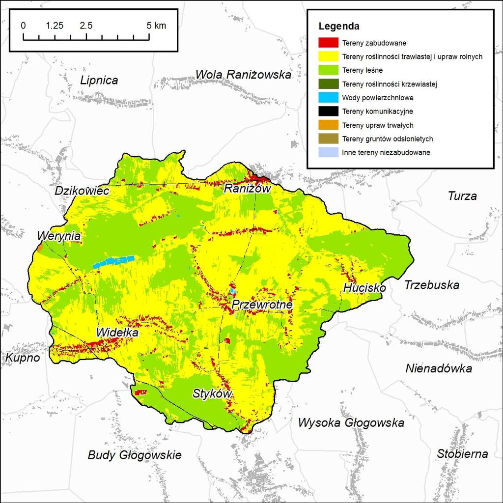 Tab. 50. Udział poszczególnych typów użytkowania w zlewni Zyzoga (Z15). L.p. Typ użytkowania Pow. [km²] Udział [%] 1 Tereny roślinności trawistej i upraw rolnych 55.53 53.64 2 Tereny leśne 42.56 41.