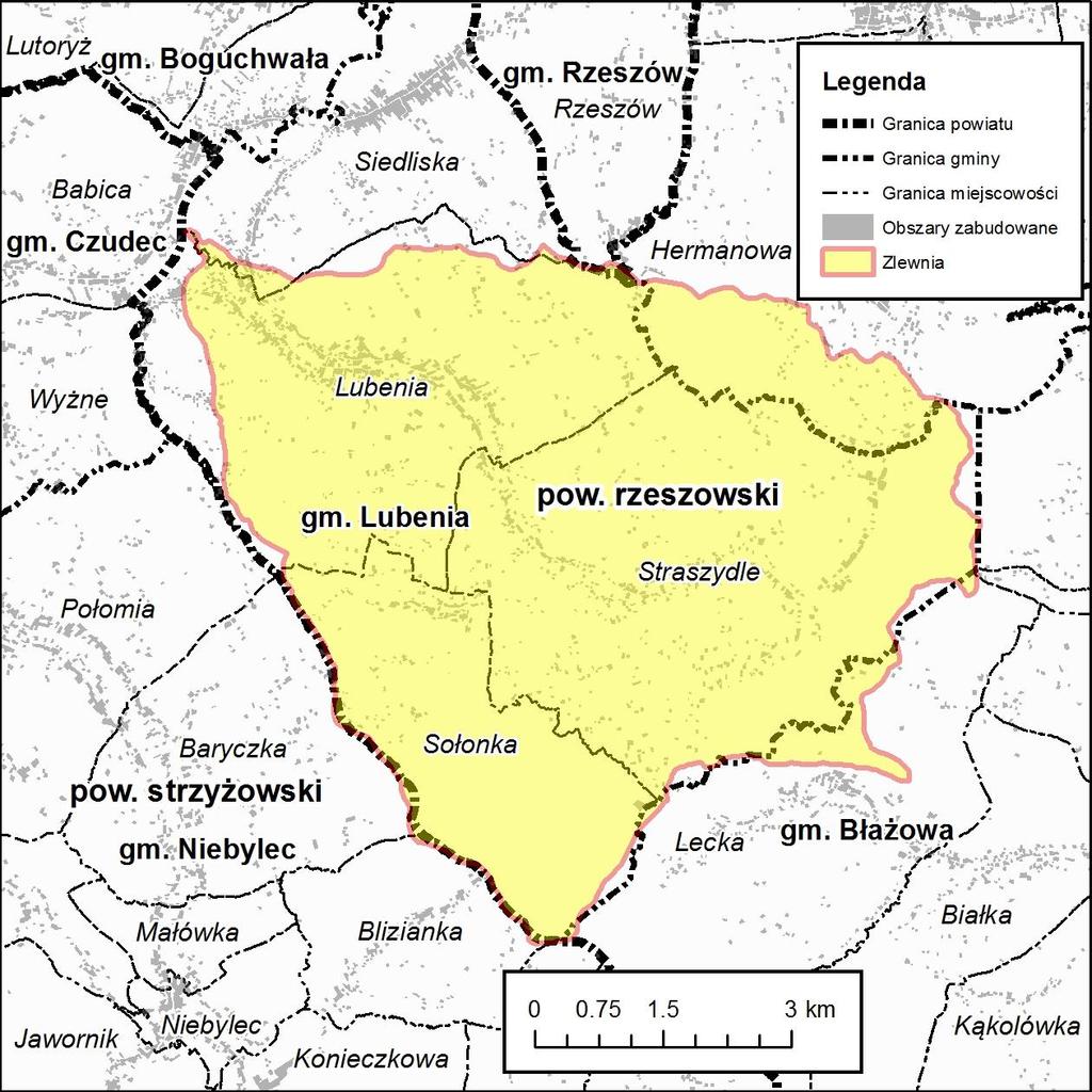 Zlewnia zadaniowa: Lubenka (Z17) 1. Podział administracyjny Zlewnia Lubenki w przeważającej części położona jest w granicach gminy Lubenia w powiecie rzeszowskim (89.8%).