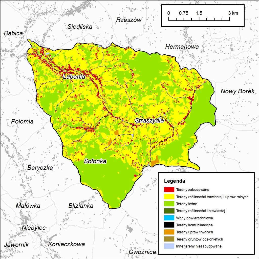 Tab. 53. Udział poszczególnych typów użytkowania w zlewni Lubenki (Z17). L.p. Typ użytkowania Pow. [km²] Udział [%] 1 Tereny roślinności trawistej i upraw rolnych 22.17 46.43 2 Tereny leśne 21.36 44.