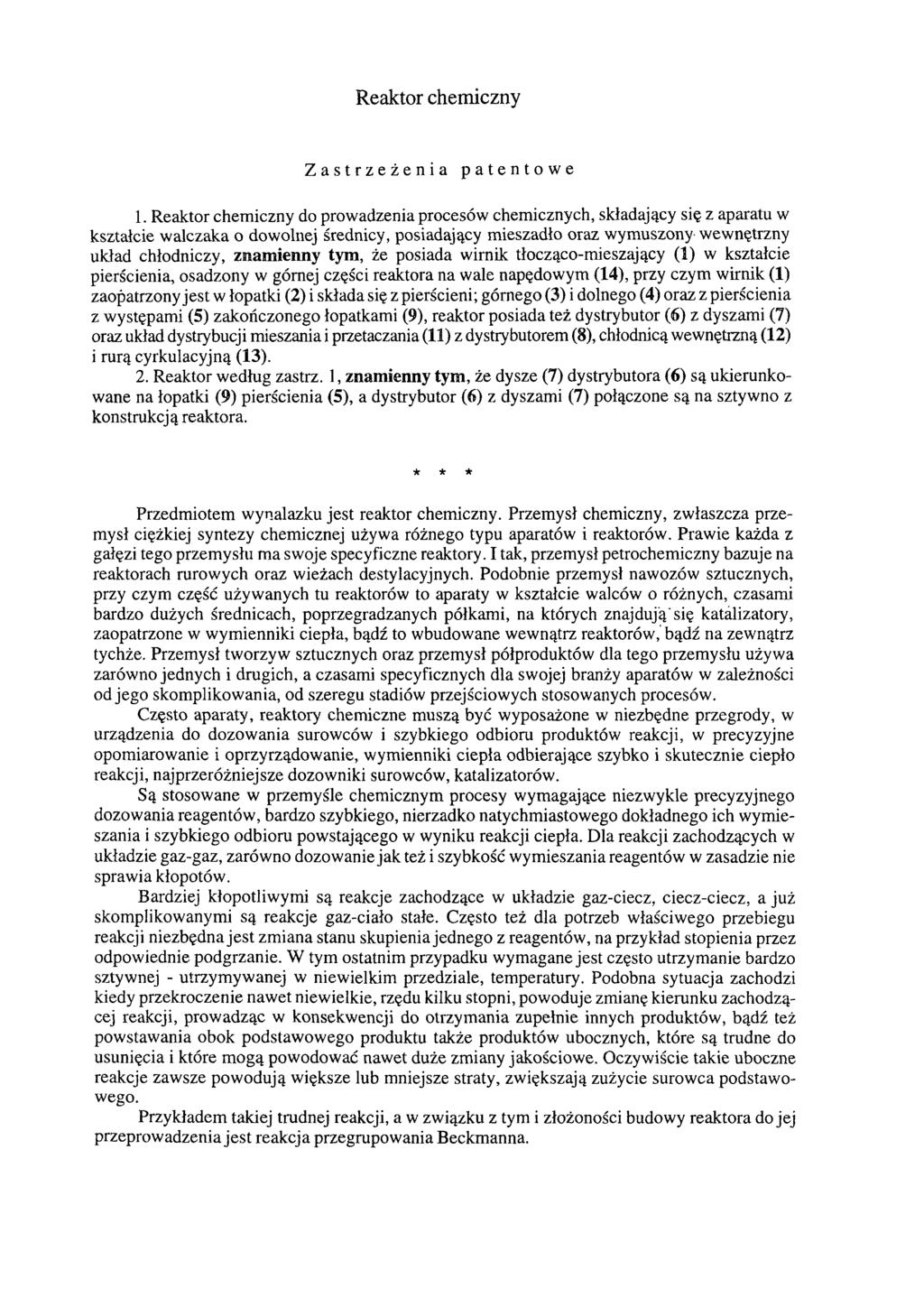 Reaktor chemiczny Zastrzeżenia patentowe 1.