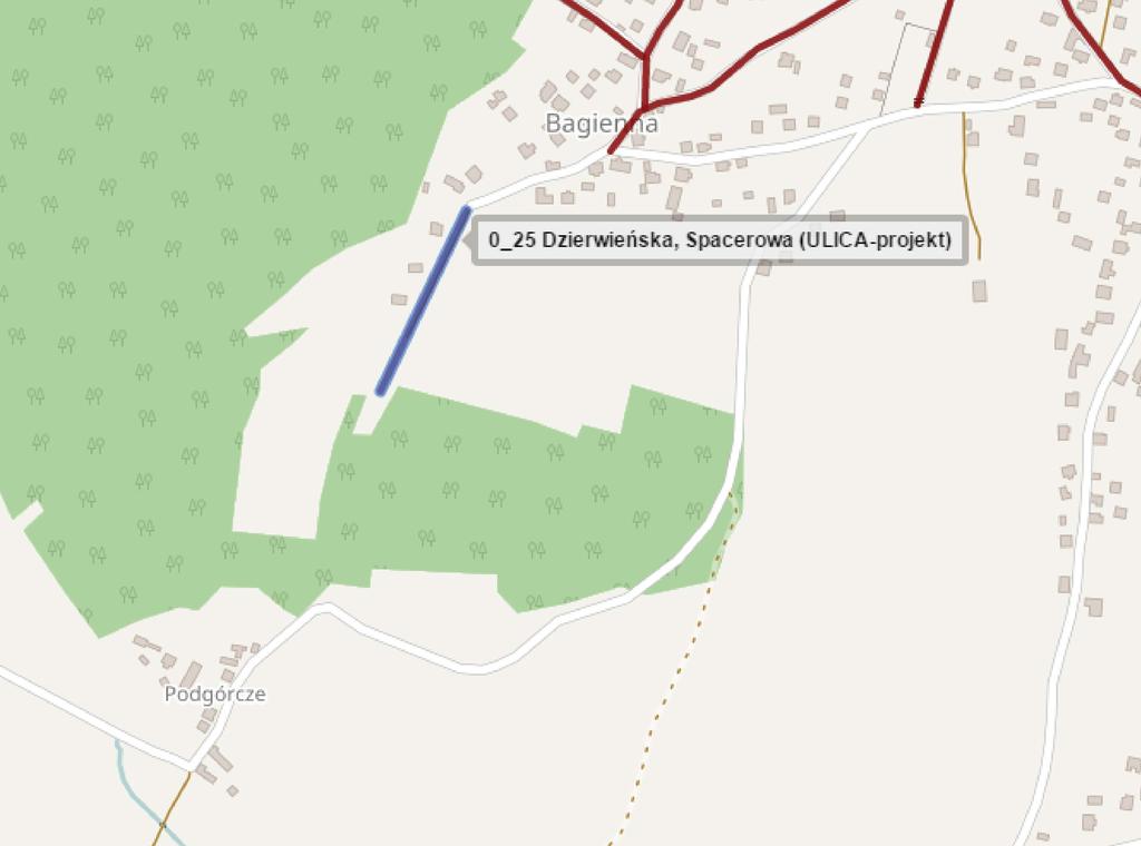 25. DROGA GMINNA WEWNĘTRZNA część działki nr 860, nawierzchnia nieutwardzona. Przebieg drogi: od ulicy Bagiennej w kierunku południowo-zachodnim (do granicy lasu).
