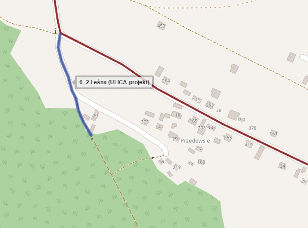 2. DROGA GMINNA WEWNĘTRZNA działka nr 678, nawierzchnia utwardzona (destrukt). Przebieg drogi: od ulicy Mirowskiej w kierunku południowym do granicy lasu.