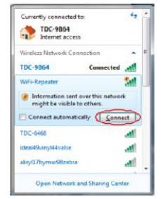 Kliknij ikonę sieci bezprzewodowej znajdująca się na pasku zadań 3. Na liście połączeń powinieneś odnaleźć pozycję WiFi Repeater.