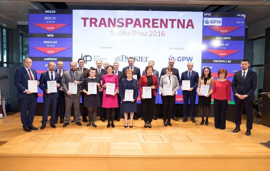 ELEKTROBUDOWA SA TRANSPARENTNĄ SPÓŁKĄ 2016 ROKU W kwietniu 2017 roku ELEKTROBUDOWA SA została laureatem