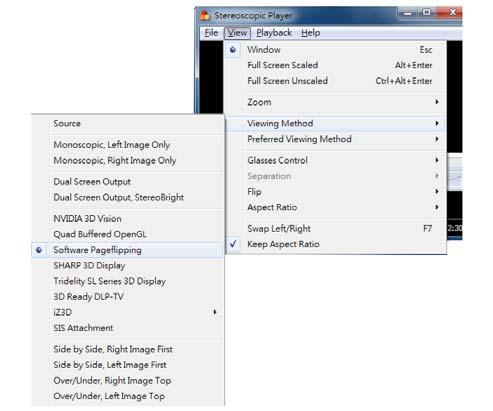 6. Jeśli używany jest odtwarzacz Stereoscopic Player: Aby odtwarzać treści 3D i wysłać sygnał Sekwencja klatek do projektora, kliknij menu Stereoscopic Player i wybierz View (Widok) Viewing Method