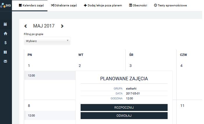 VI. Dziennik Kalendarz zajęć Wyświetla kalendarz z zaznaczonymi zajęciami dla danej grupy. Grupy można zmieniać wybierając z listy rozwijanej w lewym górnym rogu.