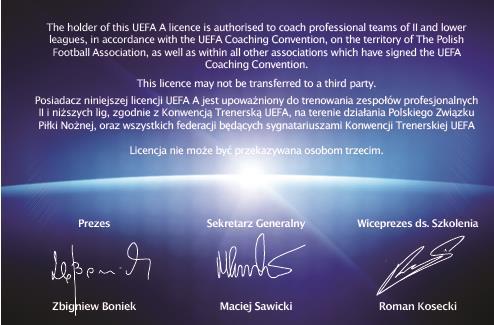 trenerskich: UEFA A, UEFA