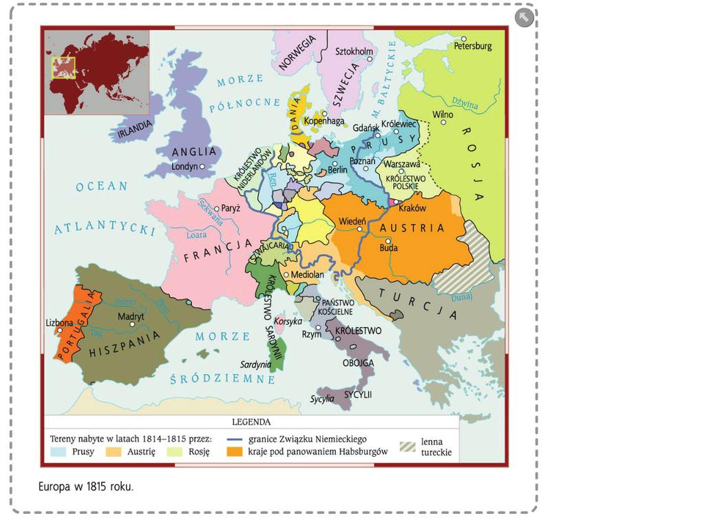 Otwieramy multipodręcznik na rozdziale 13. Europa Świętego Przymierza. Prosimy uczniów, aby przeanalizowali znajdującą się tam mapę Europa w 1815 roku (multipodręcznik, s. 109). T. Małkowski, J.