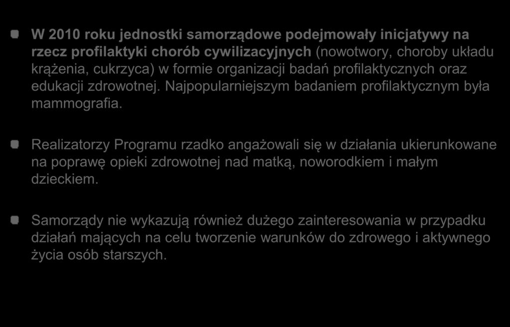 Podsumowanie W 2010 roku jednostki samorządowe podejmowały inicjatywy na rzecz profilaktyki chorób cywilizacyjnych (nowotwory, choroby układu krążenia, cukrzyca) w formie organizacji badań