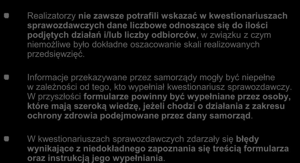 Problemy związane z monitoringiem Narodowego Programu Zdrowia Realizatorzy nie zawsze potrafili wskazać w kwestionariuszach sprawozdawczych dane liczbowe odnoszące się do ilości podjętych działań