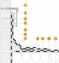 DACHY ROZWIĄZANIA OBRÓBEK DETALI DACHOWYCH Szczegół obróbki przy ścianie 1. Obróbka blacharska 2. Uszczelniacz dekarski 3. Łącznik mocujący listwę dociskową aluminiową 4.