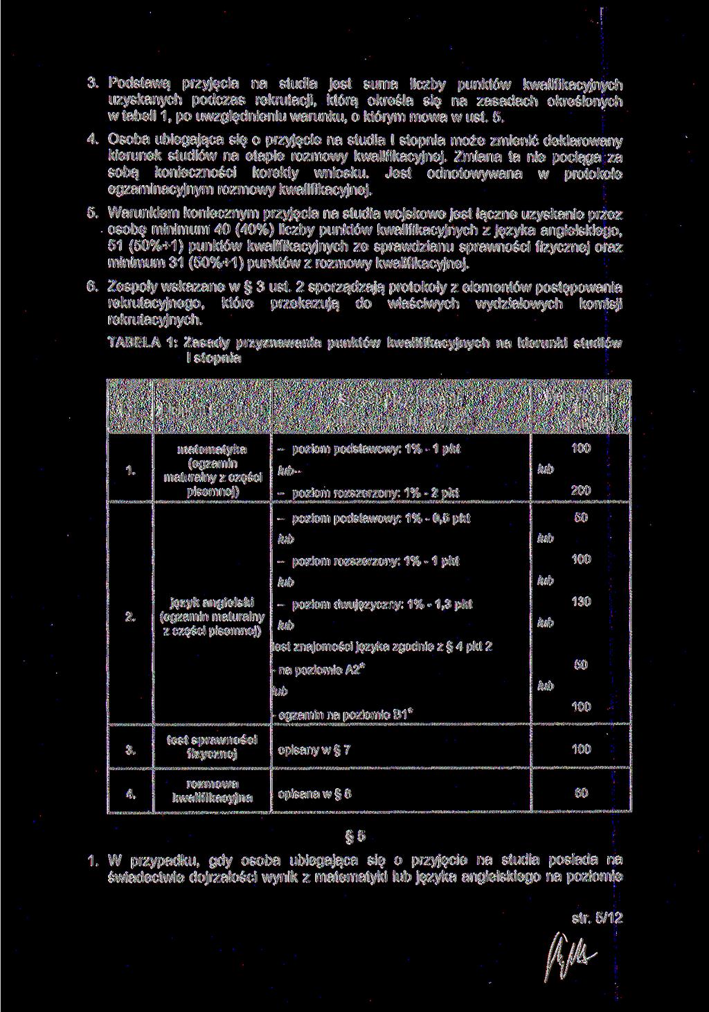 3. Podstawą przyjęcia na studia jest suma liczby punktów kwalifikacyjnych uzyskanych podczas rekrutacji, którą określa się na zasadach określonych w tabeli 1, po uwzględnieniu warunku, o którym mowa