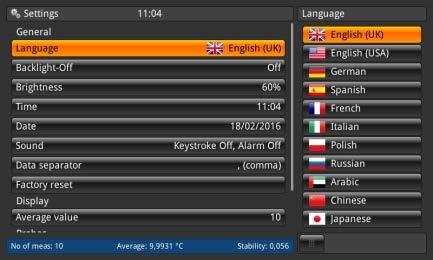 Menu ustawień otworzy się po prawej stronie. 4.6.2.1 Język Parametr language (język) daje wybór różnych języków.