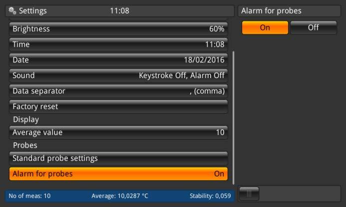 EN 4.6.2.10 Probes Alarm for probes (Czujniki - Alarm dla czujników) Kliknięcie klawisza alarm for probes po lewej stronie, otwiera pod-menu po prawej.