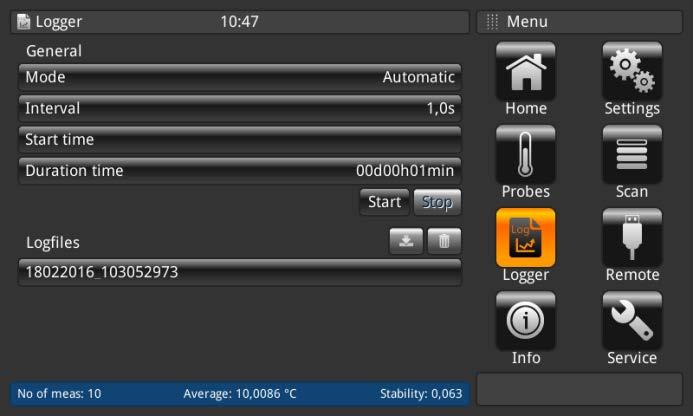 4.6.5 Aplikacja <<Logger>> (Rejestrator) Aplikacja <<logger>> (klawisz <<logger>> w menu aplikacji po prawej stronie) opisuje funkcję urządzenia rejestrującą wszystkie dane wyświetlane e