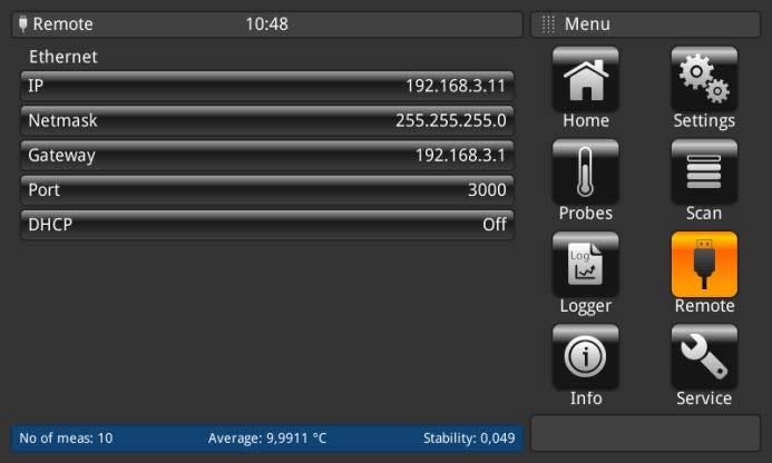 4.6.6 Aplikacja <<Remote>> (Zdalnie) Aplikacja <<Remote>> pozwala na pracę urządzenia sterowanego komendami SCIPI (zestaw komend w odrębnym dokumencie) przez złącze USB/Ethernet lub RS232 na tylnym