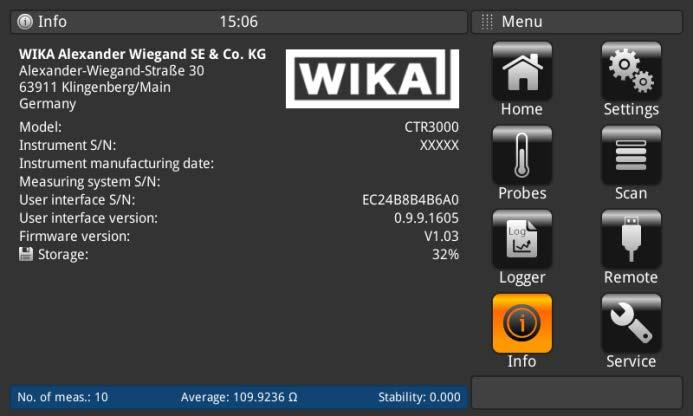 4.6.7 Aplikacja <<Info>> EN Aplikacja Informacje podaje informacje o urządzeniu, a wśród nich: - adres WIKA - Numer modelu, numer seryjny i data produkcji - Numer seryjny systemu pomiarowego i wersję