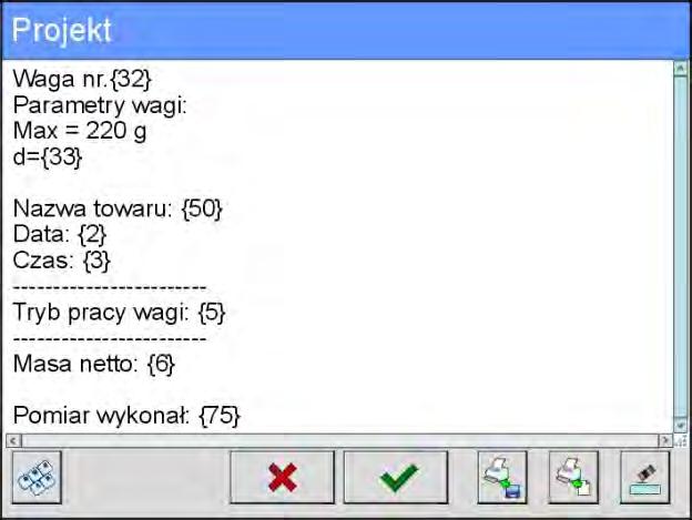 Przykład wydruku 1 wykorzystanie dużego pola edycyjnego Waga nr. 400015 Parametry wagi: Max = 220 g d= 0.001 g Nazwa towaru: Data: 2011.10.