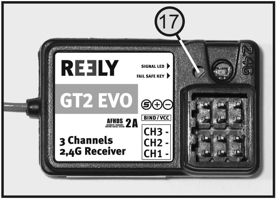 15. Funkcja Fail-Safe Odbiornik zdalnego sterowania oferuje możliwość ustawienia określonej pozycji serwa gazu lub włączenie funkcji stop w elektronicznym regulatorze jazdy, jeśli w przypadku awarii