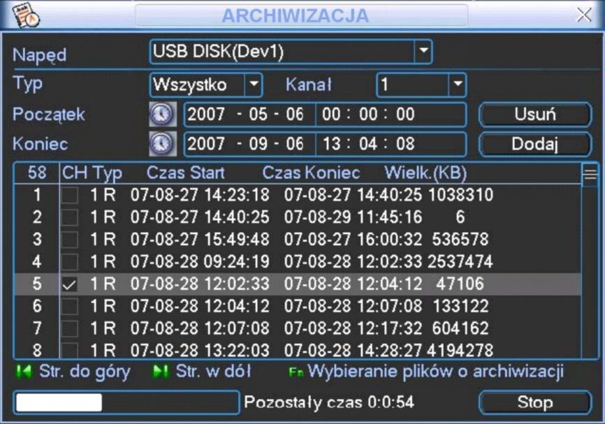 OBSŁUGA REJESTRATORA W celu wykonania archiwizacji należy wykonać następujące operacje: Wybrać napęd (urządzenie archiwizujące), Wybrać typ archiwizowanych plików spośród: Wszystko, Alarm, Detekcja