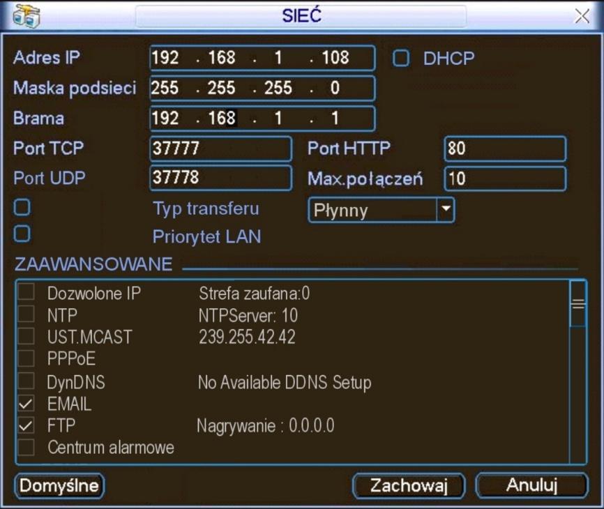 5.3.5 Sieć STRUKTURA MENU I OPIS DOSTĘPNYCH FUNKCJI W tym menu definiowane są wszystkie ustawienia sieciowe (rys. 5-8): Rys. 5-8. Podmenu Sieć. Adres IP Tu należy wpisać adres IP rejestratora.