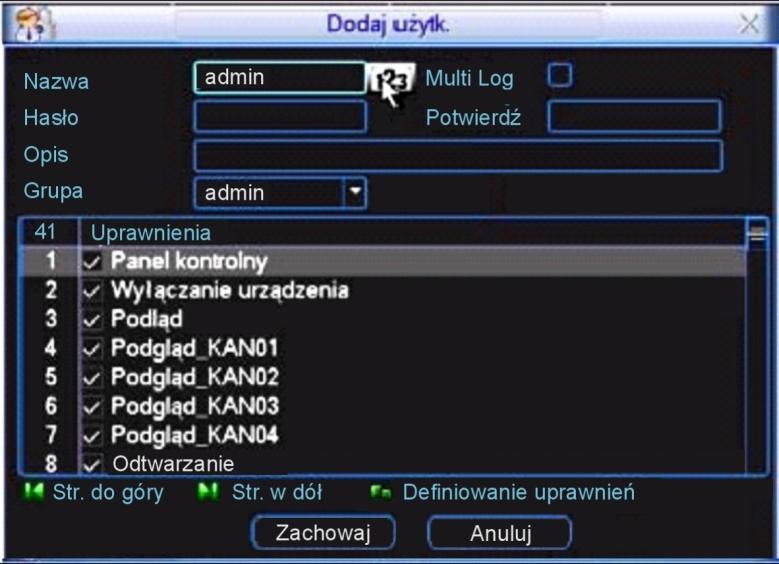 STRUKTURA MENU I OPIS DOSTĘPNYCH FUNKCJI użytkownik default jest logowany automatycznie. Umożliwia on bieżący podgląd obrazu, wybór kanałów i podziałów, bez potrzeby logowania się.