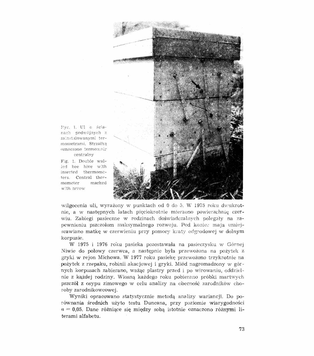 r.'yc. 1. ui c ściunć1(::1 podvoj nych z Zct_!-t~:tdlo~vanymi termometrami. St rz alk a oznaczono terrrlorle~~' centralny Fig. 1. Doubl e walled bee hive w.th inser tcd t herrnomct.er s.