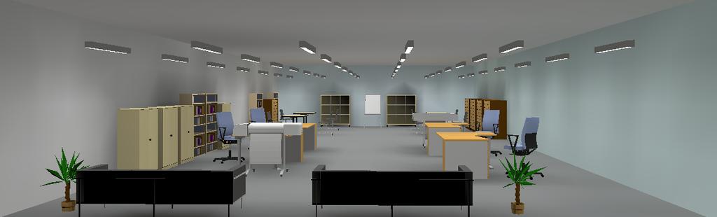 Rys. 4.33. Wizualizacja projektu oświetlenia pomieszczenia ogólnego biura z wykorzystaniem opraw Design 1x Lumilux T5 HO 54W/840 Rys. 4.34.
