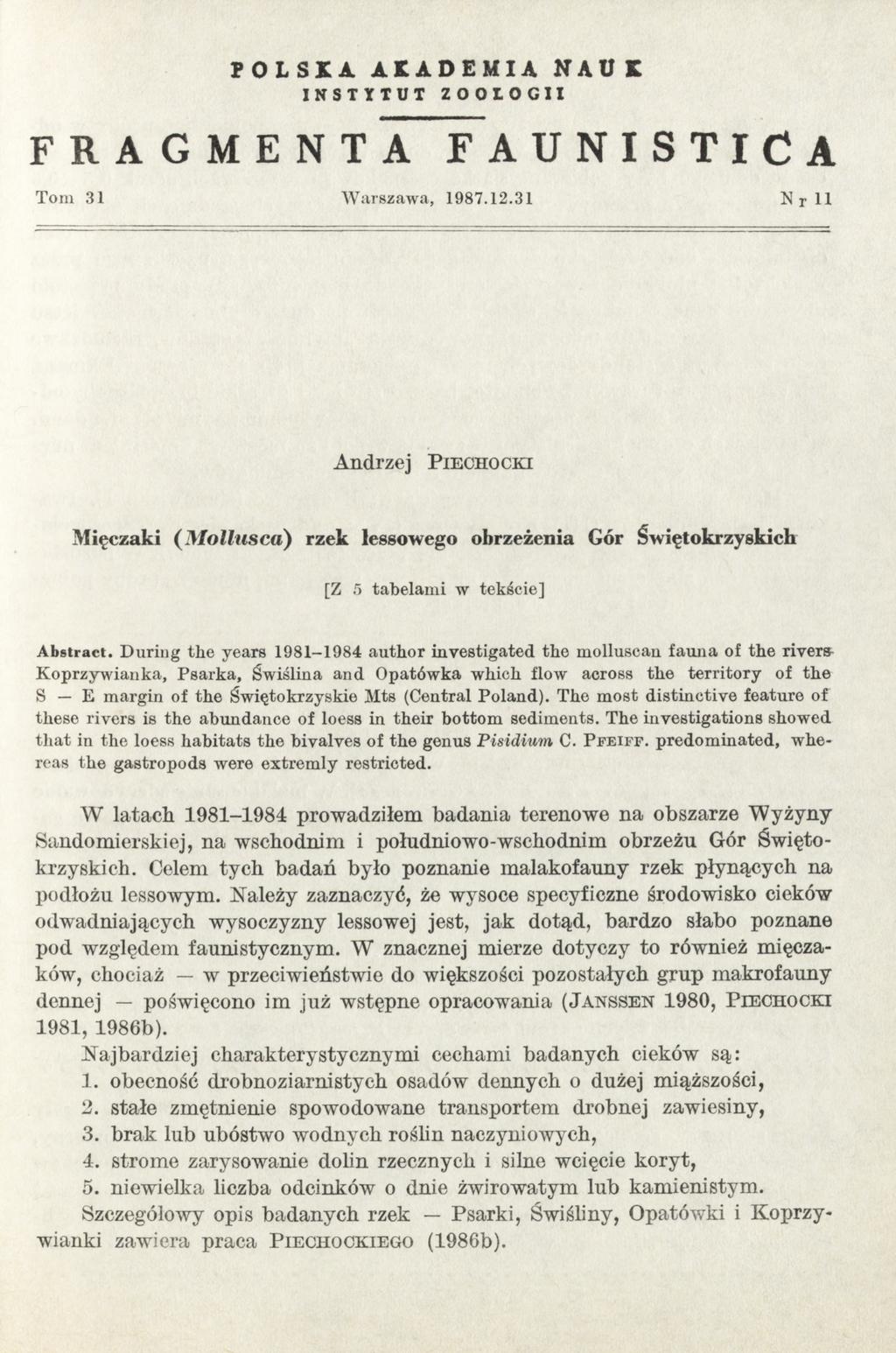 POLSKA AKADEMIA INSTYTUT FRAGMENTA Tom 31 NAUK ZOOLOGII FAUNISTICA W arszawa, 1987.12.
