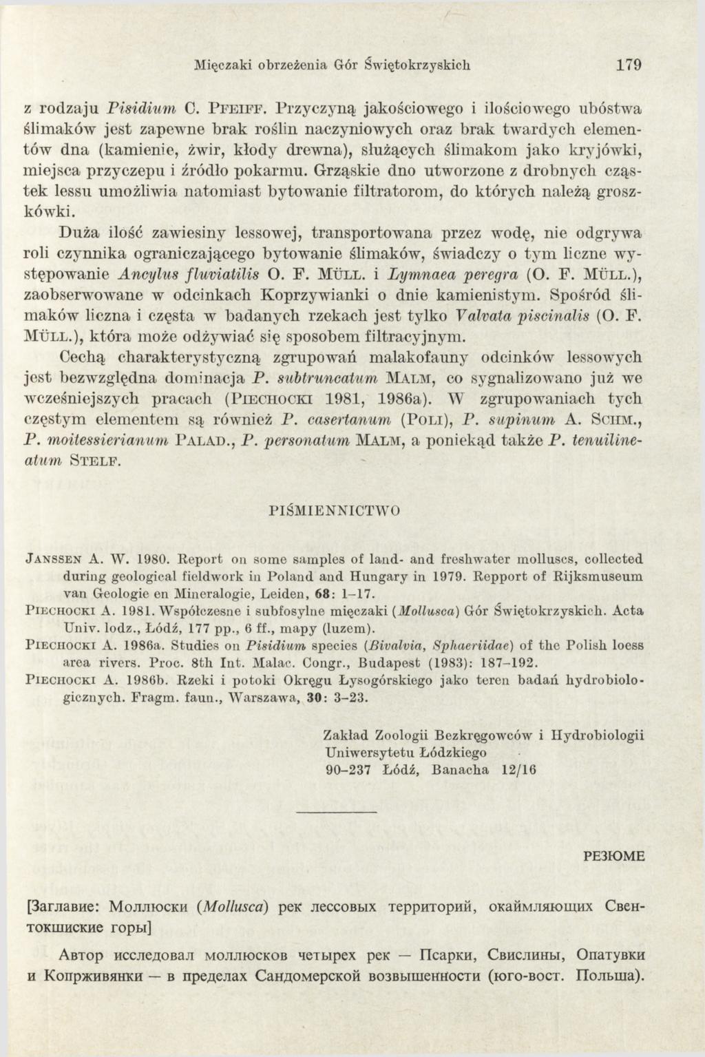 179 M ię cz a k i o b r z eż en ia G ór Ś w ię to k r z y sk ic h z rodzaju Pisidium C. P f e i f f.