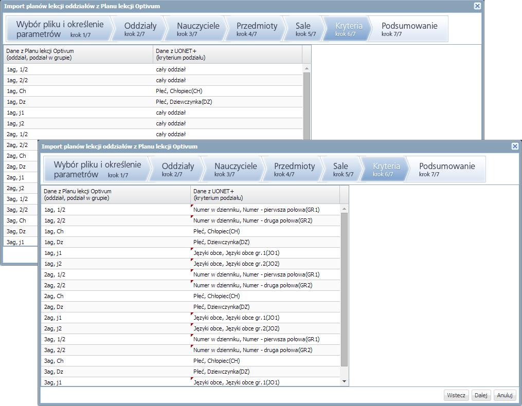 UONET+. Jak zaimportować do systemu plan lekcji ułożony za pomocą programu Plan lekcji Optivum? 6/6 - kryteriów podziałów uczniów na grupy zajęciowe (krok 6). 10.