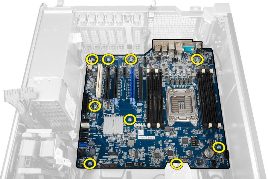 4. Wykręć śruby mocujące płytę systemową do ramy montażowej komputera. 5. Unieś płytę systemową i wyjmij ją z komputera. Instalowanie płyty systemowej 1.