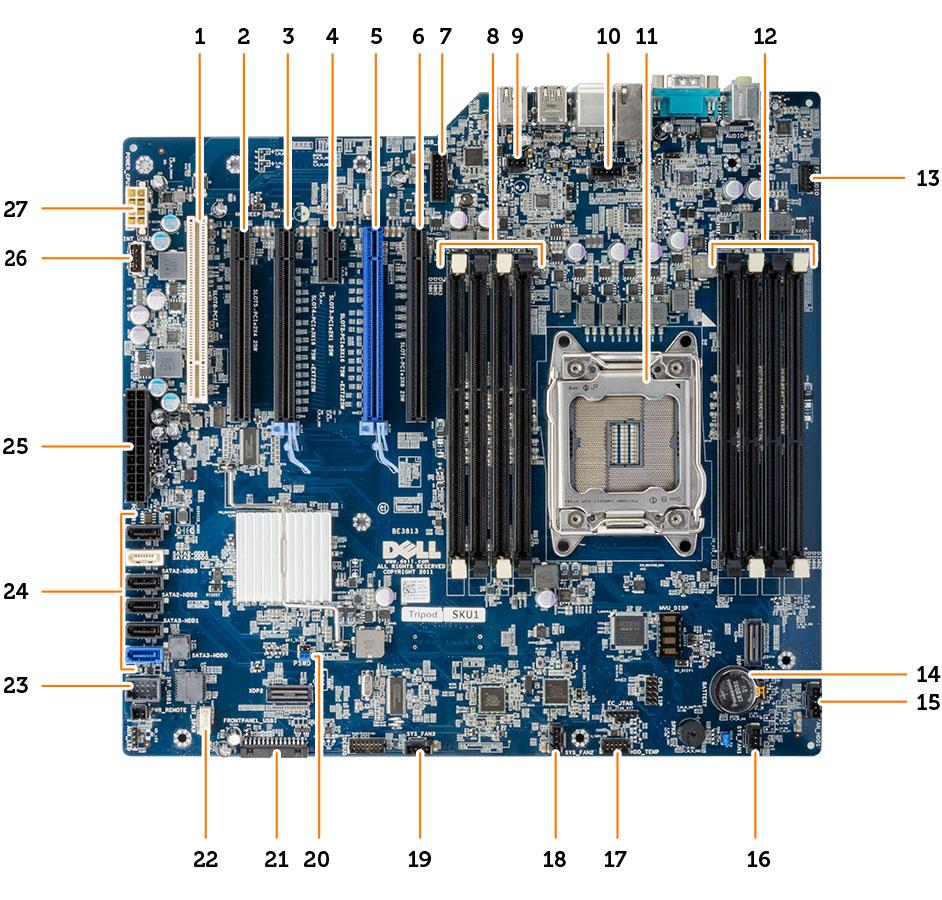 1. Gniazdo PCI (slot 6) 2. gniazdo PCIe x16 (PCIe 2.0 podłączone jako x4) (slot 5) 3. gniazdo PCIe 3.0 x16 (slot 4) 4. gniazdo PCIe 2.0 x1 (slot 3) 5. gniazdo PCIe 3.0 x16 (slot 2) 6.