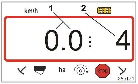 Rozpoczęcie pracy 7 Rozpoczęcie pracy 1. Ustawić maszynę w pozycji startowej (maszyna zatrzymana). Wskazanie przy zatrzymanej maszynie: Cyfra 1 ( Rys. 22/1) pokazuje prędkość jazdy (0 km/h).