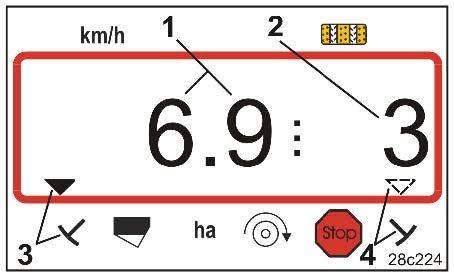 Rozpoczęcie pracy 7.3 Wskazanie podczas pracy Podczas pracy AMALOG+ wskazuje prędkość jazdy ( Rys. 26/1), np. 6,9 km/h położenie przełączenia licznika ścieżek technologicznych ( Rys. 26/2), np.