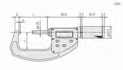 36 355 465,00 293-668 50-80 mm ±3 μm 84,8 2,8 10,3 47 525 500,00 293-669 75-105 mm ±3 μm 109,8 2,8 10,7 60 625 535,00 / Nr Zakres Dokładność L mm a mm b mm c mm Waga g Cena 293-676 0-1.2" ±2 μm/0.