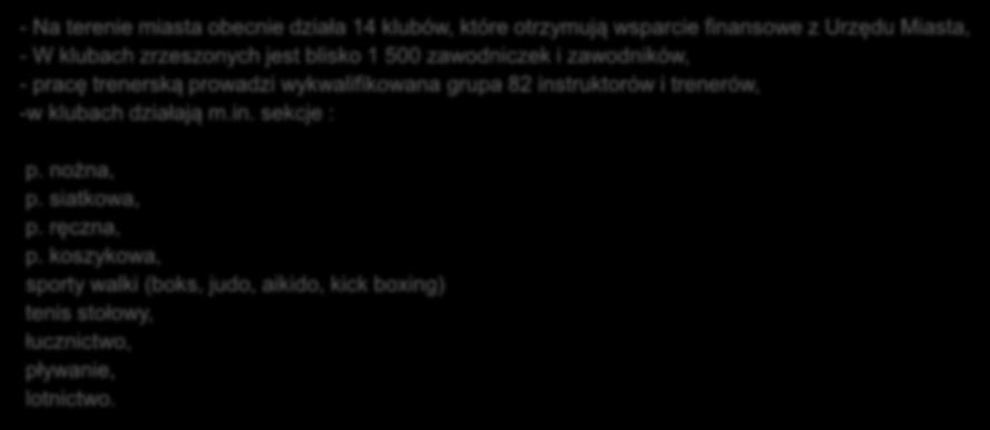 Kluby i Stowarzyszenia - Na terenie miasta obecnie działa 14 klubów, które otrzymują wsparcie finansowe z Urzędu Miasta, - W klubach zrzeszonych jest blisko 1 500 zawodniczek i zawodników, - pracę