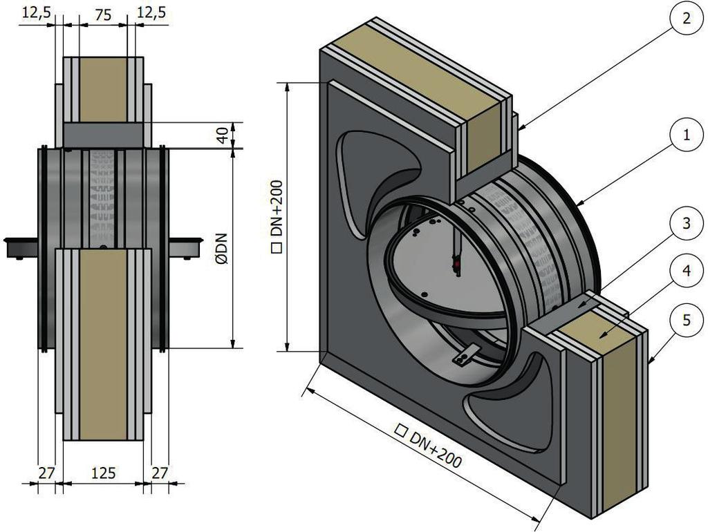 c Technical documentation (1) FDA-12-T fire damper; (2) Fire-resistant, masking gypsum plasterboard, 12.