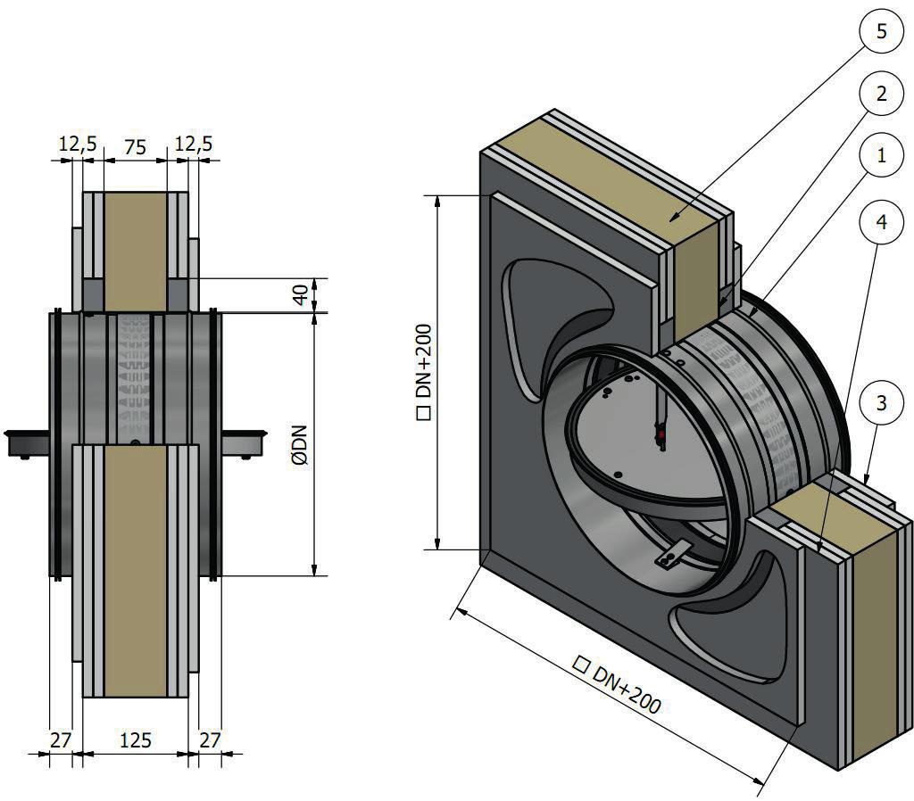 Technical documentation (1) FDA-12-T fire damper; (2) Concrete, mortar, fire-resistant gypsum; (3) Fire-resistant, masking gypsum plasterboard, 12.