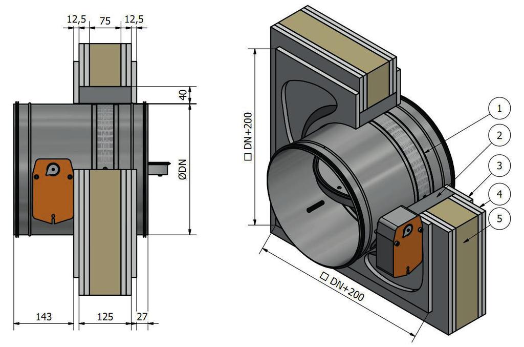 c Technical documentation (1) FDA-12-M fire damper; (2) Concrete, mortar, fire-resistant gypsum; (3) Fire-resistant, masking gypsum plasterboard, 12.