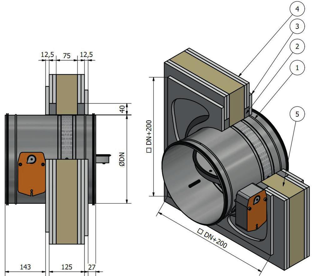 Technical documentation (1) FDA-12-M fire damper; (2) Concrete, mortar, fire-resistant gypsum; (3) Fire-resistant, masking gypsum plasterboard, 12.