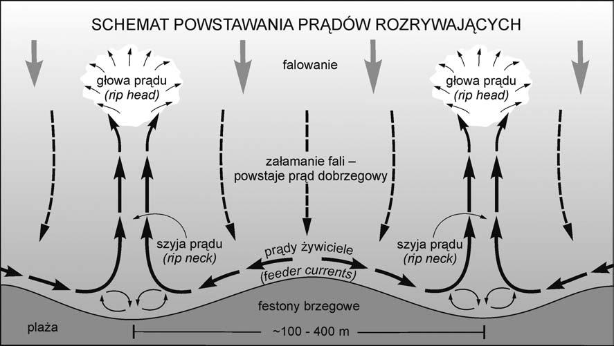 Rys. 1. Kształtowanie się kanałów odpływowych prądów rozrywających 1) obszar, gdzie dwa prądy wzdłużbrzegowe o lokalnym zasięgu i przeciwnych zwrotach spotykają się (ang.