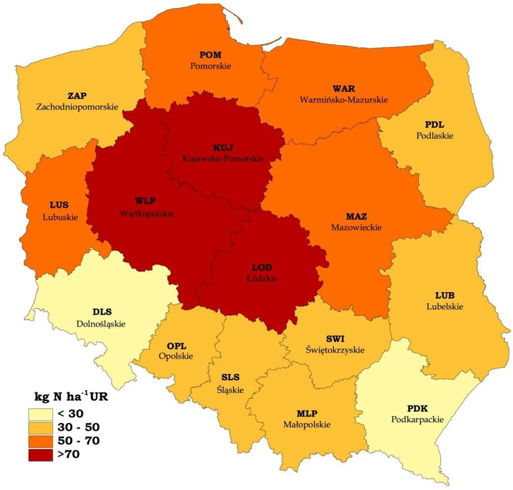 Zróżnicowanie bilansu azotu w Polsce wg