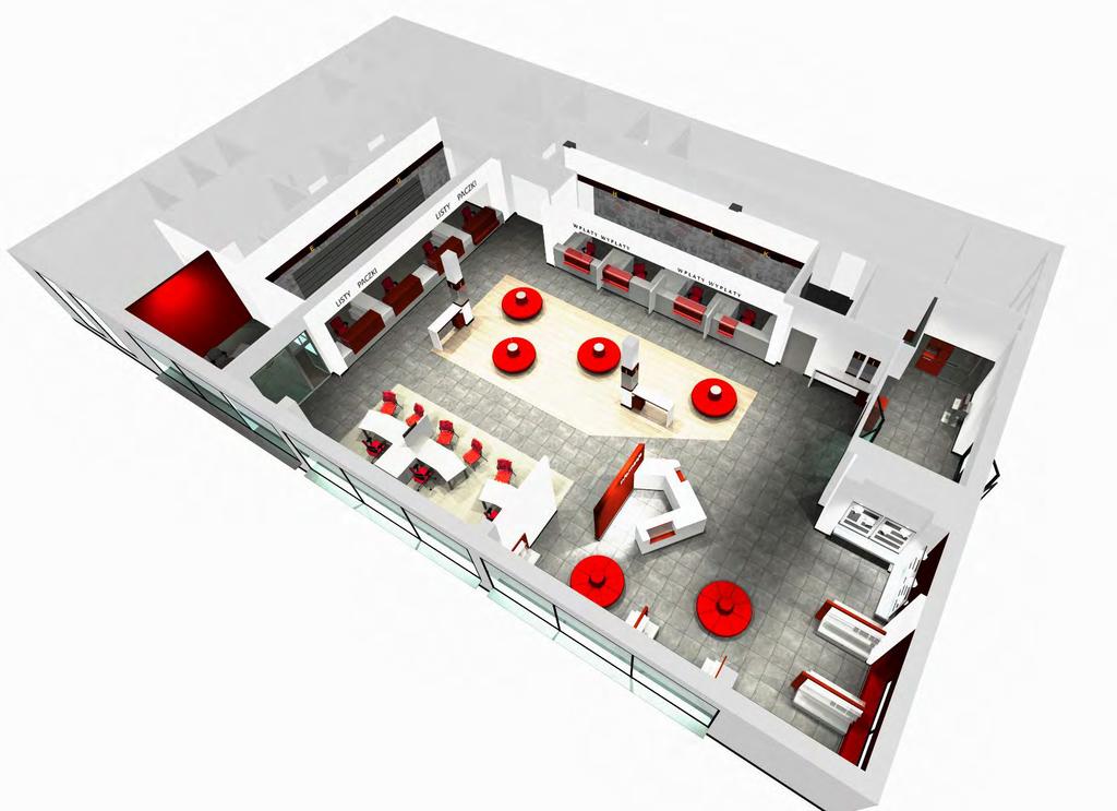 Placówka modelowa W procesie projektowania placówki pocztowej nowego typu należy stosować poniższe generalne zasady: Sala obsługi powinna być otwartą przestrzenią o prostym i klarownym układzie.