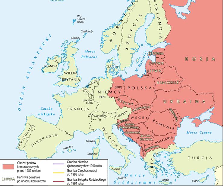 5. Przyjrzyj się mapie i odpowiedz na pytania. a) Nadaj mapie tytuł. Np. Europa w latach 1989 1993, b) Wymień sąsiadów Polski w 1991 r.