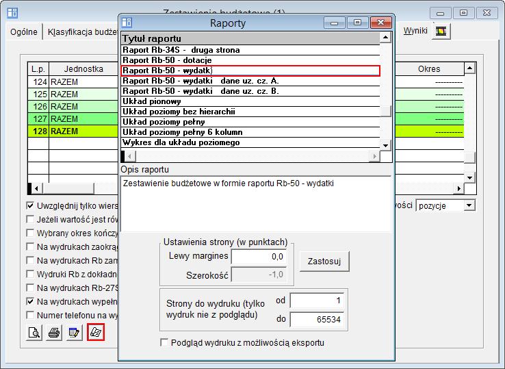 Przygotuj wydruk zestawienia w formacie raportu Rb-50 dla wydatków.