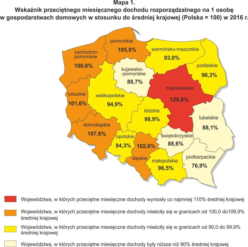 Przeciętne miesięczne wydatki powyżej średniej dla Polski w 2016 r. odnotowano w województwach: mazowieckim, dolnośląskim, łódzkim, śląskim, opolskim, pomorskim i lubuskim.
