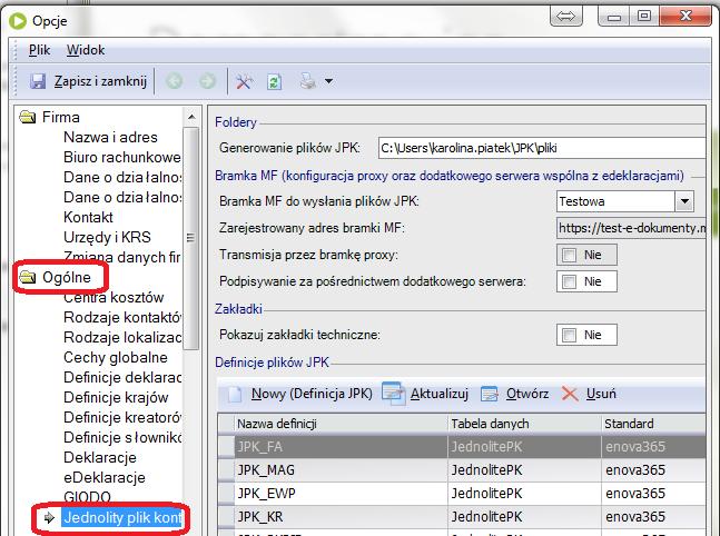 Generowanie JPK w programie Enova365 Konfiguracja