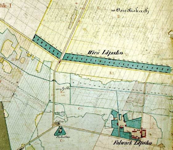 LIPSKO Plan wsi i folwarku w Lipsku w roku 1853 /ze zbiorów APL, AOZ, 205/. Wieś położona jest w kotlinie otoczonej liściastymi i iglastymi lasami. Posiada regularną, drewnianą zabudowę szeregową.