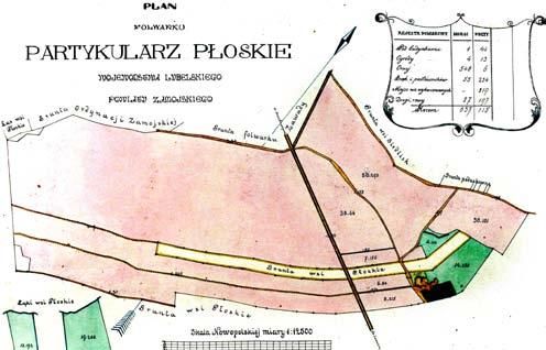 PŁOSKIE Plan folwarku Płoskie Partykularz z 1925 r. /ze zbiorów APL, AOZ, 920/. Płoskie to rozległa wieś w typie wielodrożnicy.